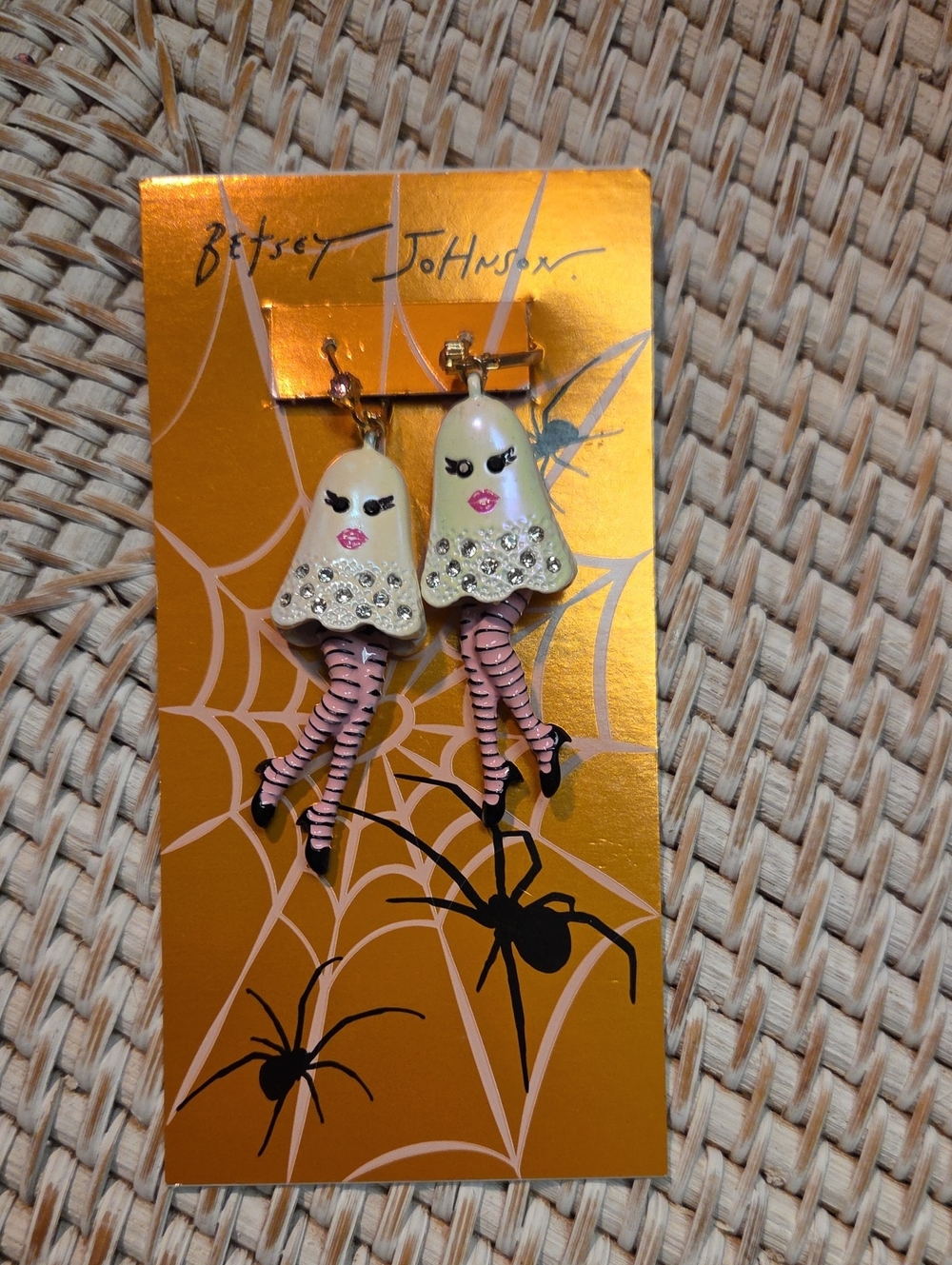 Betsey Johnson Cream Ghost Earrings with Pink Striped Legs